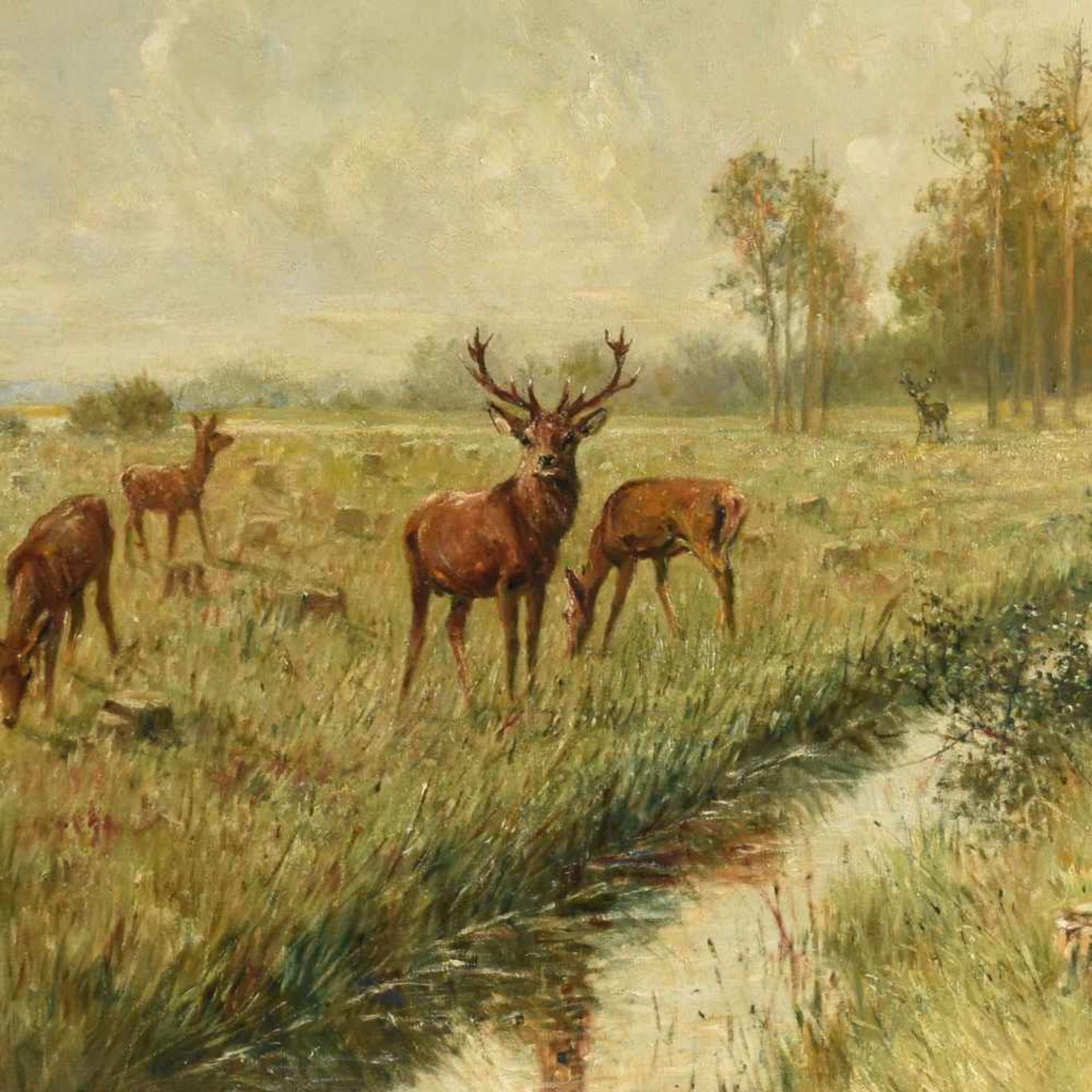 Rieck, Emil (1852 Hamburg - 1938 Moritzburg) Öl/Lwd., Landschaft mit Bachlauf und äsenden Rotwild,