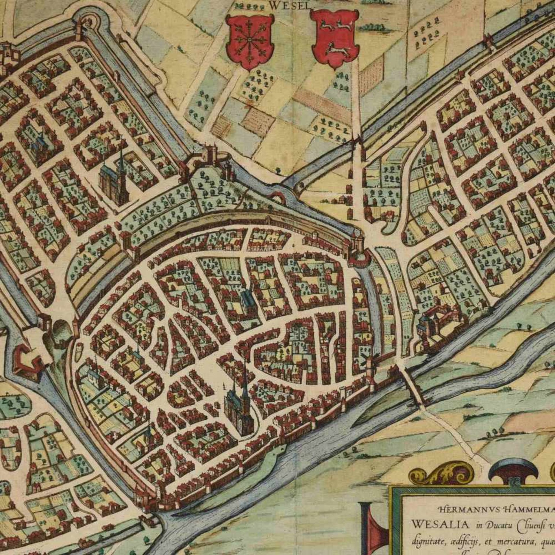 Historische Karte von Wesel Kupferstich, "Wesalia in Ducatu Clivensi urbs clara opibus", verso mit