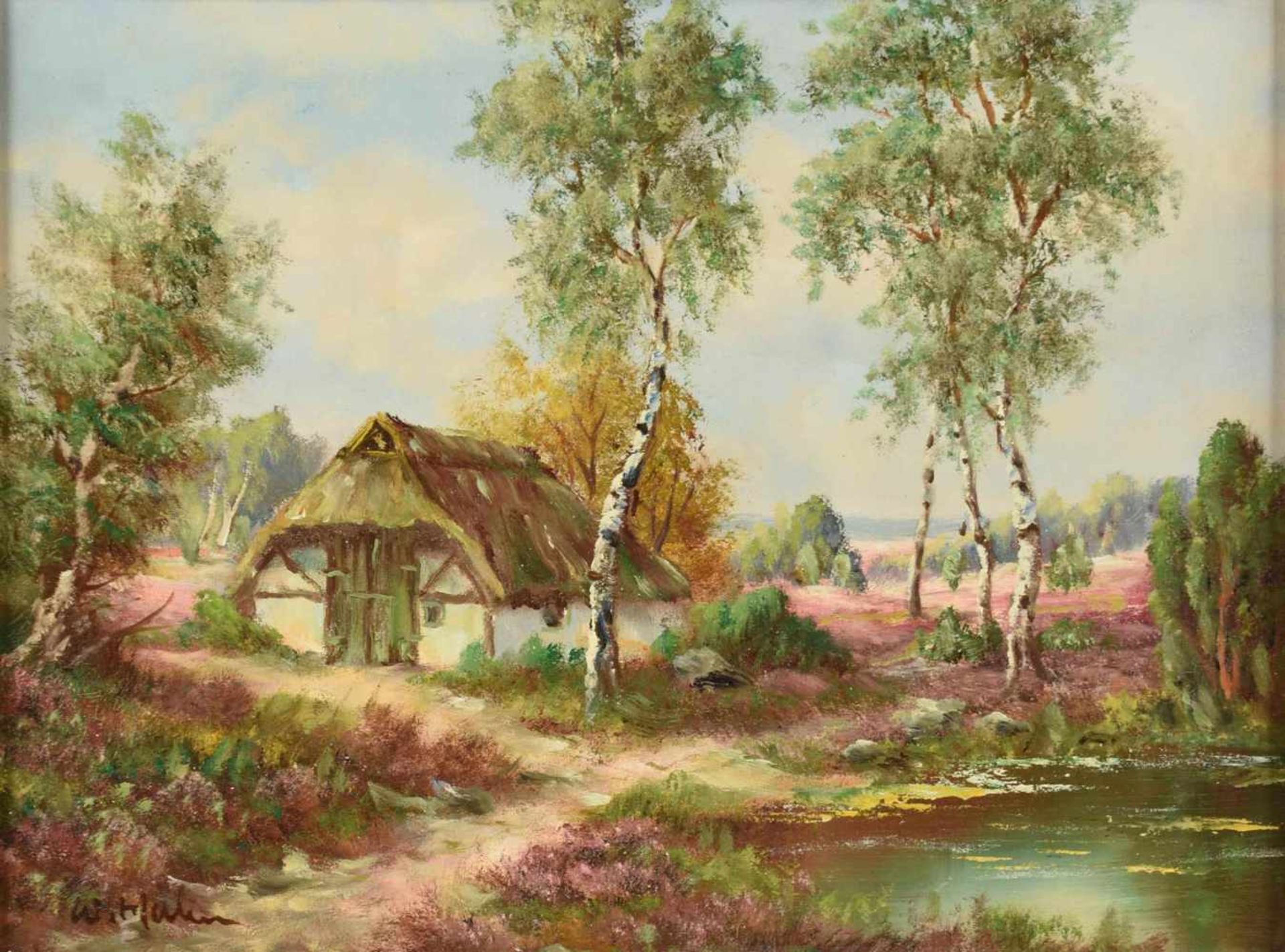 Hahn, W. Öl/Lwd., Heidelandschaft mit Bauernkate, links unten signiert, gerahmt, ca. 30 x 40 cm, mit - Bild 2 aus 2