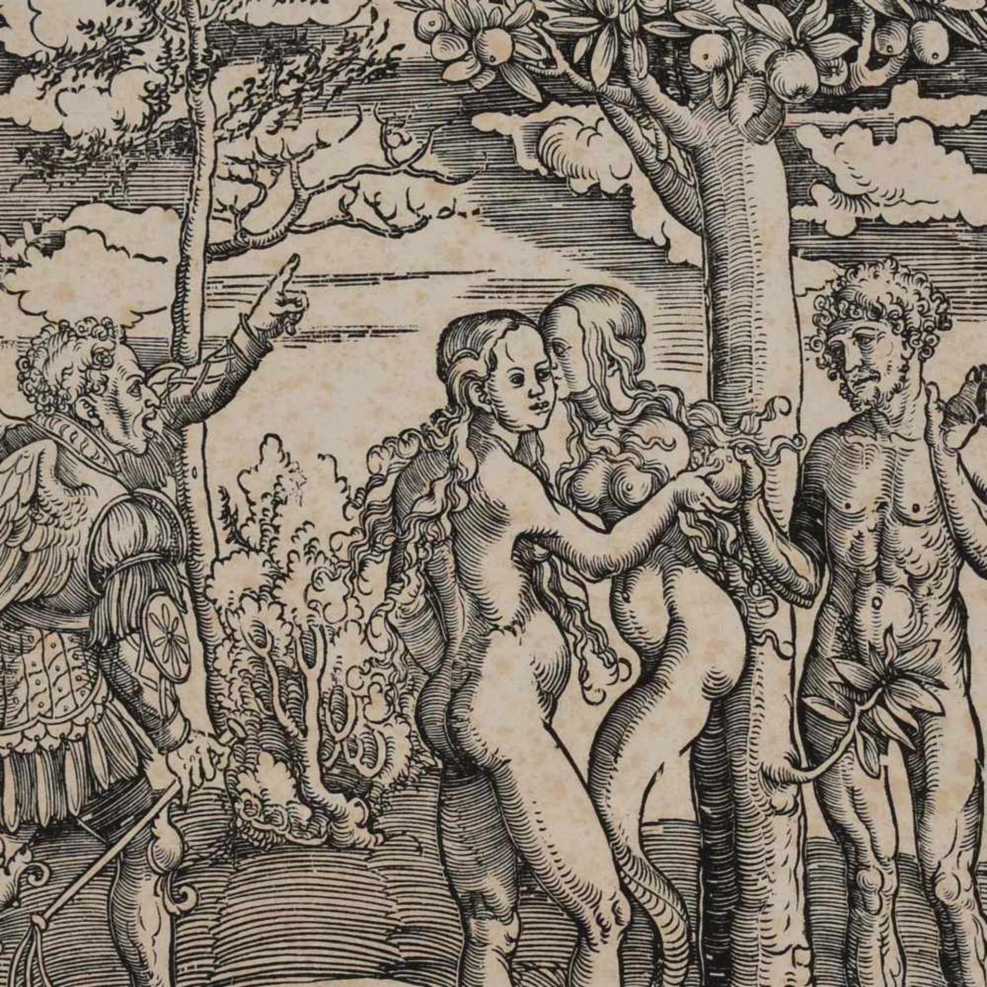 Cranach, Lucas d. Ä. (um 1472 Kronach - 1553 Weimar) Holzschnitt, "Der Sündenfall", Szene mit