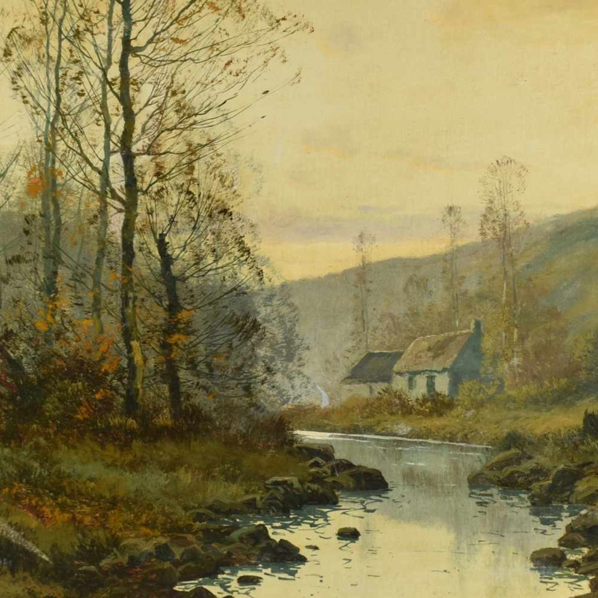 Michal, R. (wohl für Eugène Galien-Laloue, 1854 -1941) Öl/Lwd., Landschaft mit Bach und Häusern,