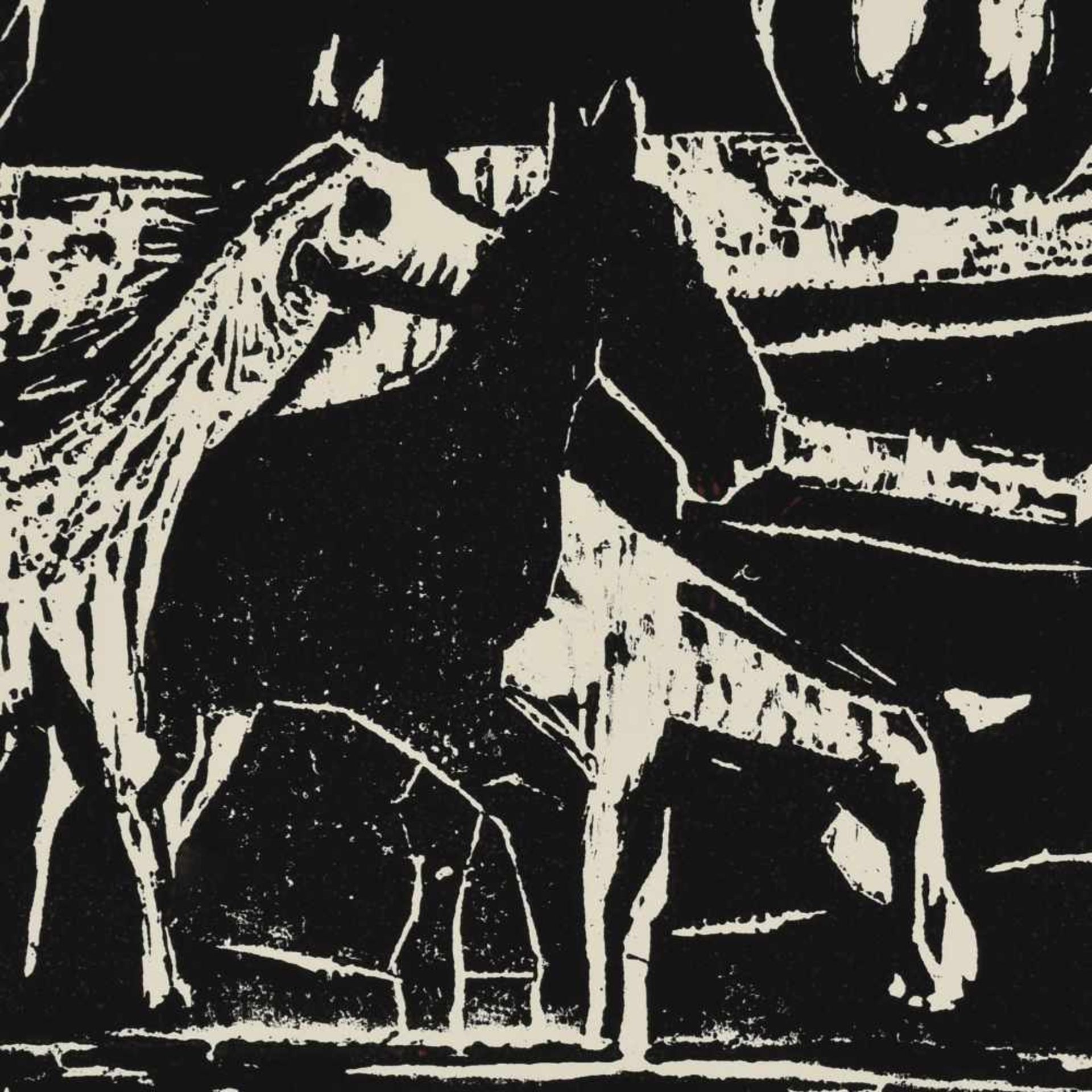 Tetzner, Heinz (1920 Gersdorf - 2007 ebd.) Holzschnitt auf feinem Bütten, "Pferde auf der Koppel",