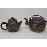 (2) Chinese Zisha Clay Dragon Teapots, Signed