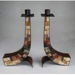 Pair of Copper & Stone Eilon Mosaics Candlesticks