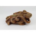 Chinese Carved Brown & Green Jade Turtle & Snake