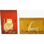 (2) Vintage Deer and Cat Framed Panels