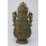 Large Chinese Jade Twin Handled Covered Vase