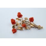 18k Gold, Red Coral, Diamond & Ruby Floral Pin