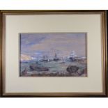 1874, Signed Harbor Scene Mixed Media