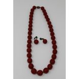 Chinese Cinnabar Necklace and Earrings