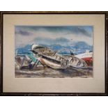 Jay Omelia 20th C. W/C of Beached Fishing Boats