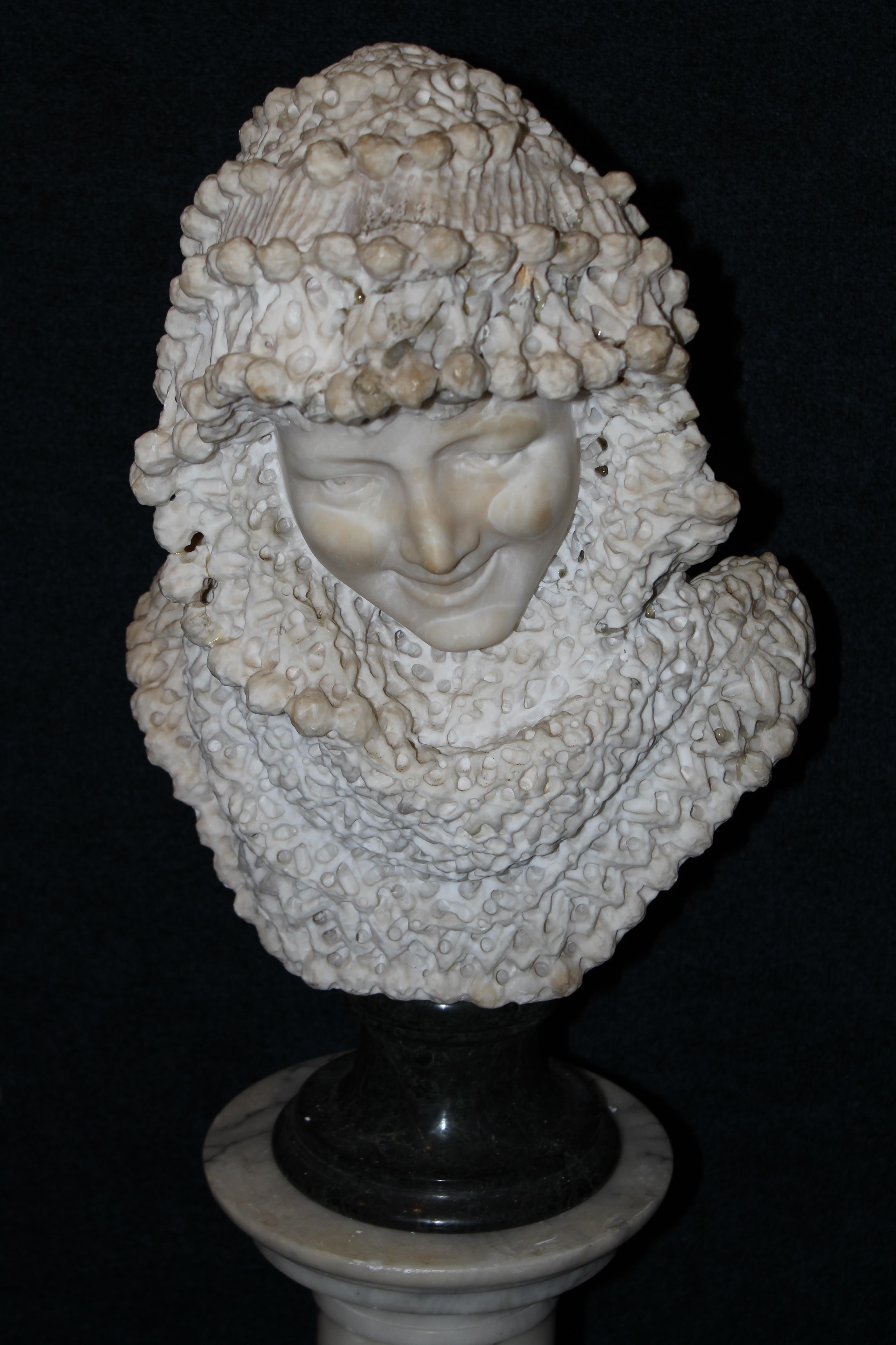 Carved Alabaster Bust of a Woman on Marble Base