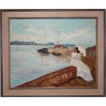 Large 20th C. Painting of Woman Sitting at Harbor