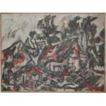 Zarina, 1968 Painting of a Village w/ Figure