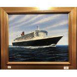 OCEAN LINER: Stuart Williamson acrylic on canvas of the "Queen Mary II", signed by Commodore Ron