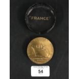 OCEAN LINER: France maiden voyage medallion on the box of issue. 2¼ins.