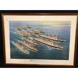 OCEAN LINER: Cunard agent's promotional poster "Largest Passenger Fleet on the Atlantic". Framed and