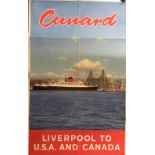 CUNARD: Agent's promotional poster for Cunard with the Liverpool skyline behind, advertising