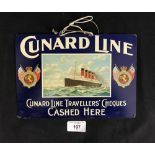 OCEAN LINER: Cunard enamel advertising sign "Cunard Line Travellers Cheques Cashed Here". 9½ins. x