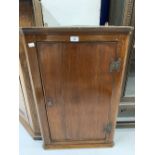 18th cent. Mahogany wall mounted corner cupboard, shelves with velvet lining.