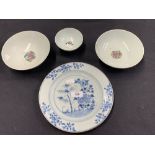 Oriental Ceramics: Rice bowls 6ins, famille rose - a pair, tea bowls 4ins. and a blue and white