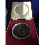 Hallmarked Silver: Dish London 1965 with Churchill crown to base. Cased. Dia. 5¾ins. 4oz inclusive.