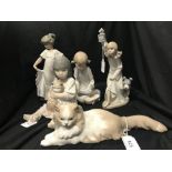 Nao Lladro. Girl with doll and pram, girl sitting with cat, girl standing and posing, girl with