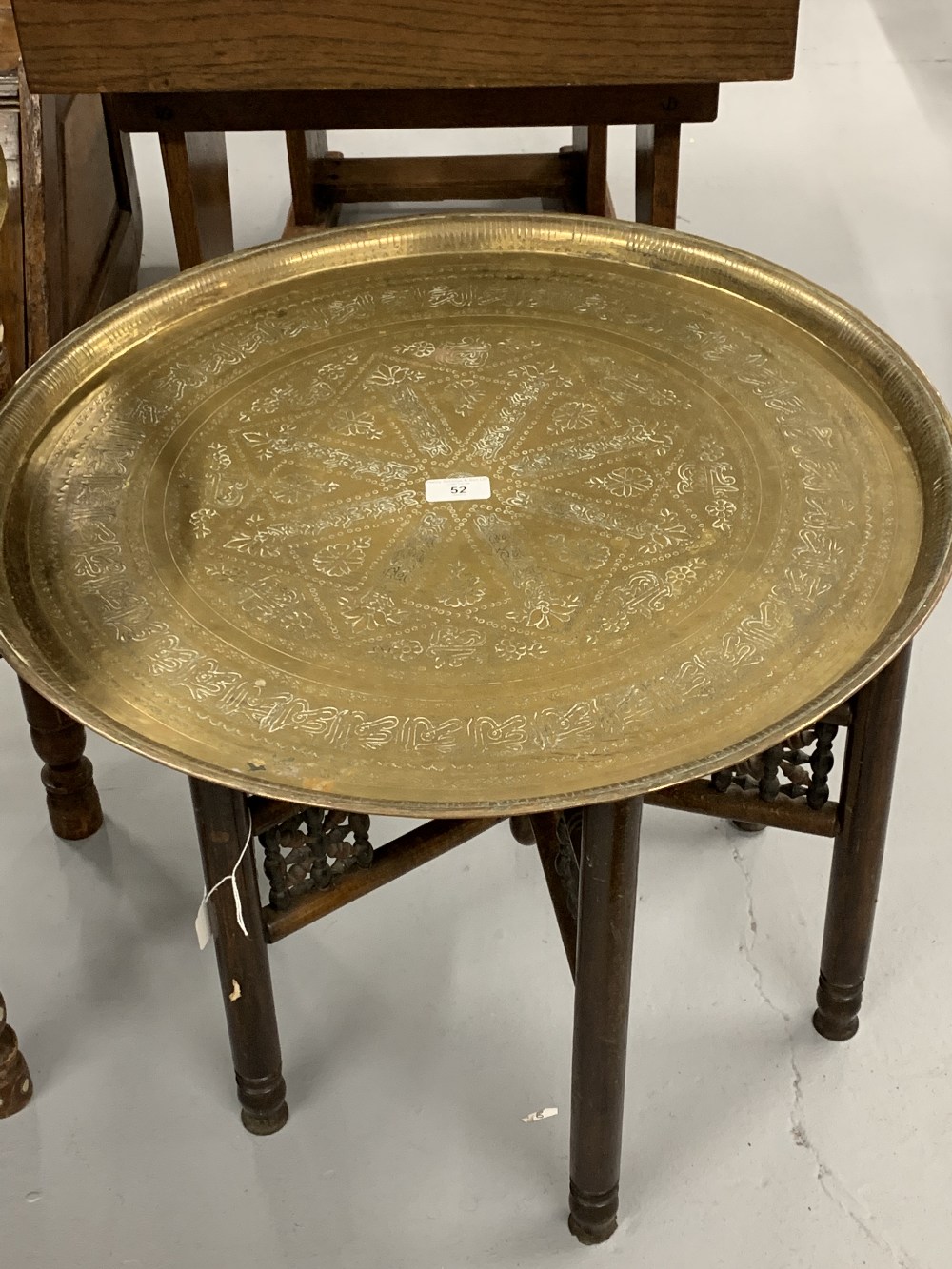 19th/20th cent. Islamic brass table, folding treen supports.