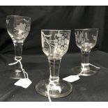 Early 19th cent. Glasses: Gin glass, ovoid bowl engraved with rose and bird, plain stem with