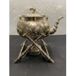 The Thomas E Skidmore Collection: Chinese export silver spirit kettle, body melon shaped with birds,