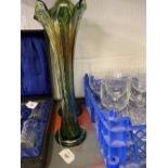 20th cent. Carnival glass vases, green hue 13ins. Plus a metal framed set of three miniature