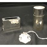 Hallmarked Silver: Matchbox cover, medallion Birmingham, a circular cocktail stick holder with 925