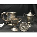 Hallmarked Silver: Christening cup monogrammed 25 March 1923 London, small trophy and cover