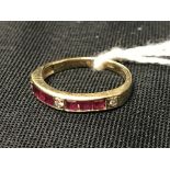 Hallmarked Gold: Half hoop eternity ring. Three small diamond and six small square cut rubies set in