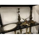 Brassware: Metal framed mirror on stand, 2 x treen and brass candlesticks, chamber sticks.