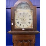 Clocks: 19th cent. Mahogany longcase clock, arch dial, painted shell spandrel, moving dome with