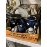 20th cent. Denby Ware Pottery: Large teapot, blue glaze, applied mark under glaze 8ins., a small
