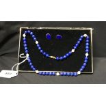 Jewellery: Lapis lazuli and cultured pearl necklace and earring set with 9ct hallmarked fittings and