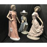 Nao Lladro. A lady wearing a bonnet sitting, an elegant lady standing, and a lady standing in a