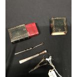 Corkscrews/Wine Collectables: 19th cent. Leather miniature book case containing a screw, pair of
