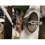 Cast Iron: Reproduction cat door bell and a woodman cast iron doorstop.
