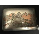 The Thomas E Skidmore Collection: Chinese export silver cigarette case, engraved Pagoda and mountain