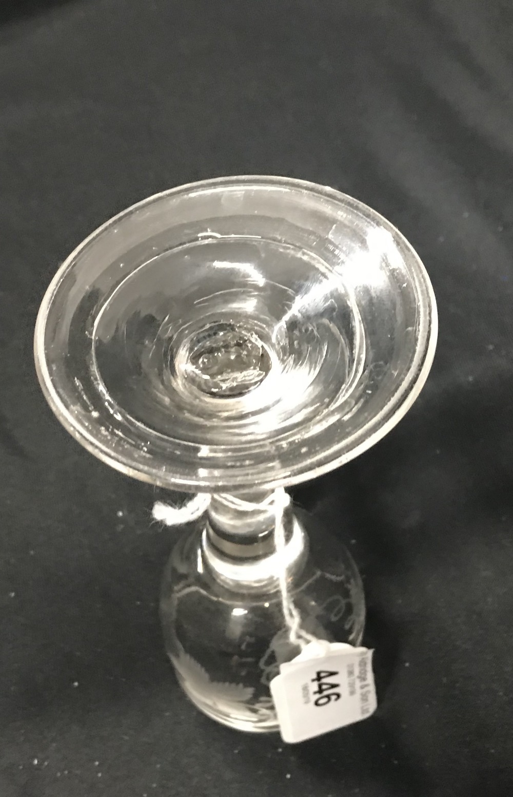 18th cent. Wine glass, ovoid bowl engraved with vine leaves and flying bird, tapering stem, uneven - Image 2 of 3