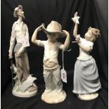 20th cent. Ceramics: Lladro figures 'Quixote Standing', 'Big Hat Cowboy', and Nao 'Girl with