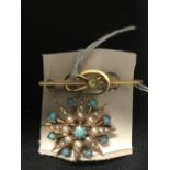 Edwardian Jewellery: Turquoise and seed pearl star brooch stamped 375, plus knot brooch with