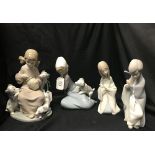 20th cent Ceramics: Lladro figures 'Honey Lickers', 'Girl with Dog and Cat', and Nativity set