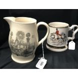 Early 19th cent. Cream ware/Masonic jug. Printed both sides with emblems and text 'Hail Masonry