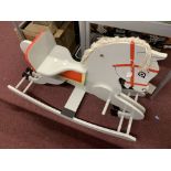 Toys: Treen 20th cent. Band saw cut rocking horse with wool mane, leather bridle (hand hold