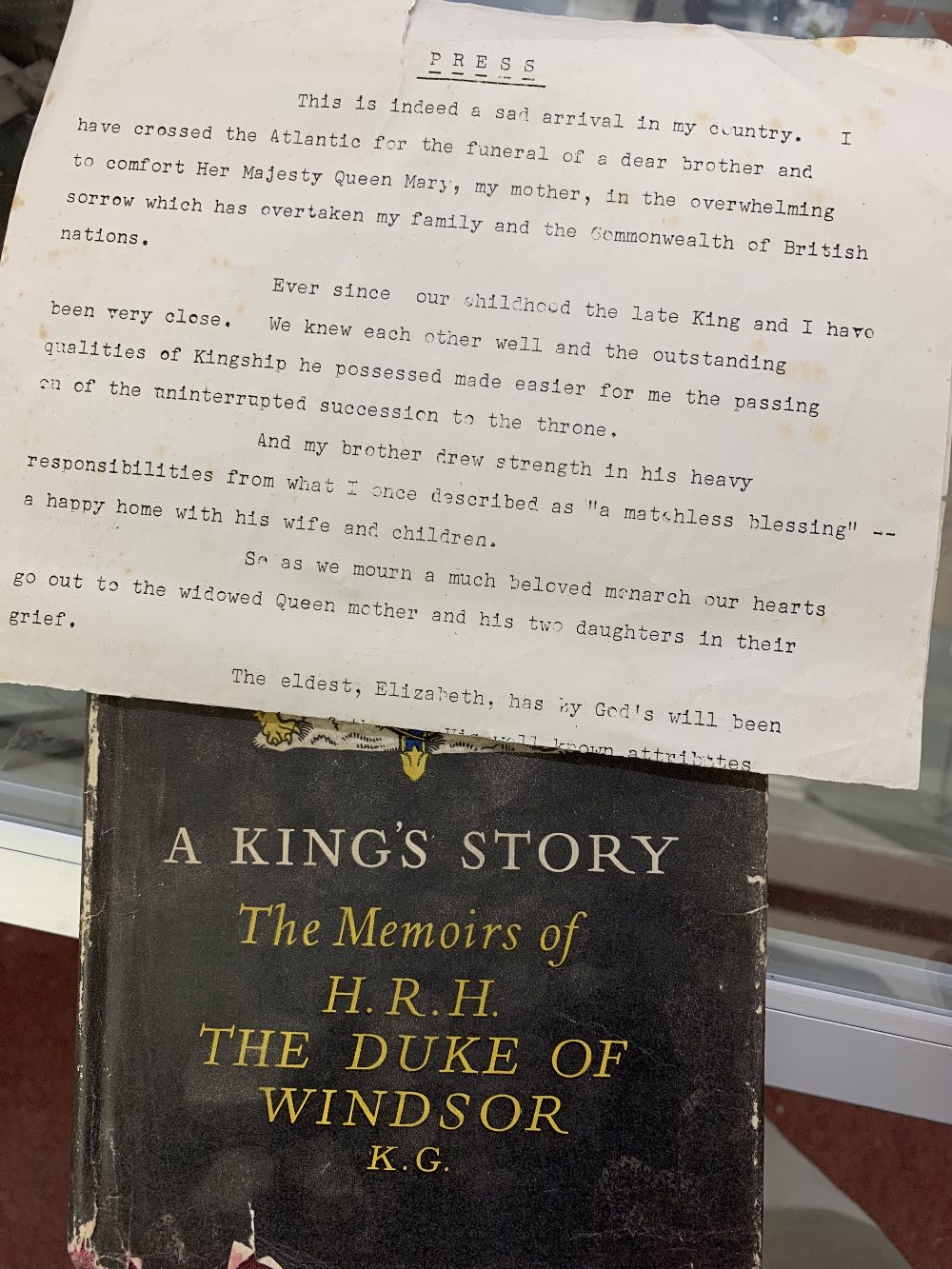 Monarchy: Press release written onboard Queen Mary in 1952 by Edward Duke of Windsor relating to the