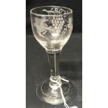 18th cent. Wine glass, ovoid bowl engraved with vine leaves and flying bird, tapering stem, uneven